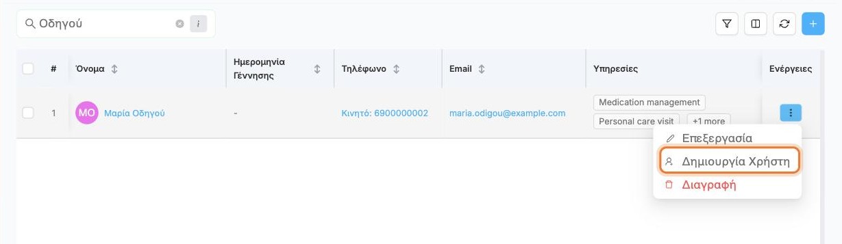 Η ενέργεια Δημιουργία Χρήστη στο μενού της γραμμής