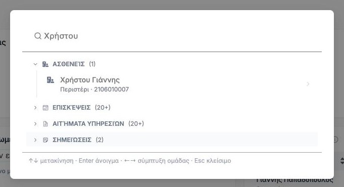 Το παράθυρο αναζήτησης με αποτέλεσμα ασθενή