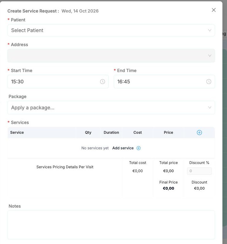 The Create Service Request window opened from the timeline