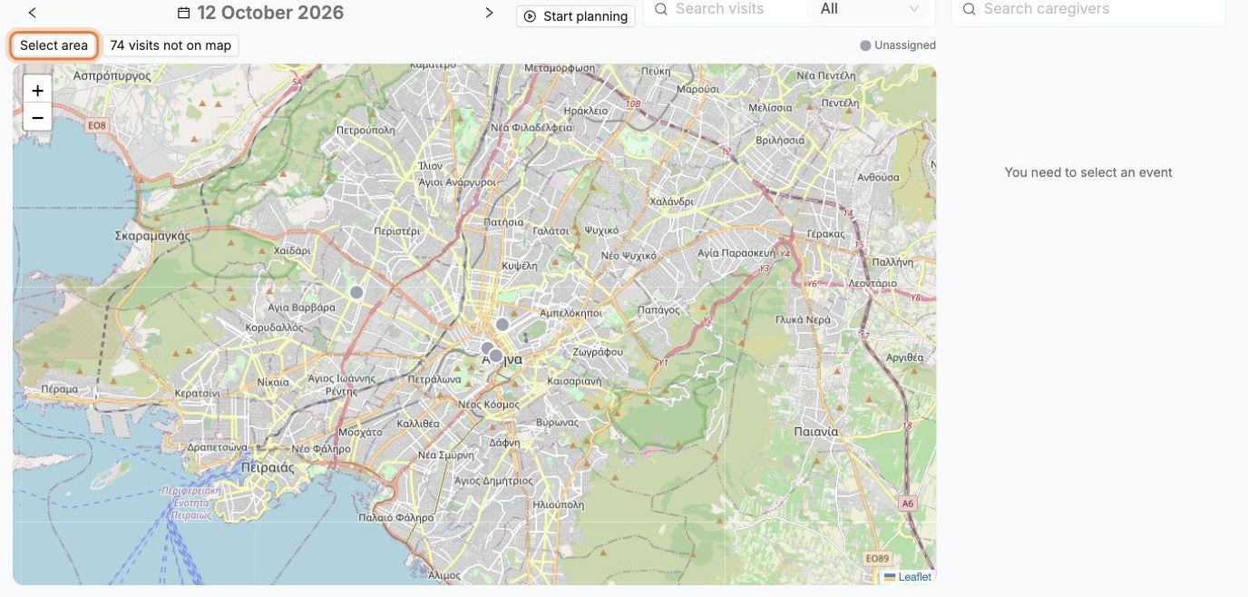The map view with the day's visits as pins