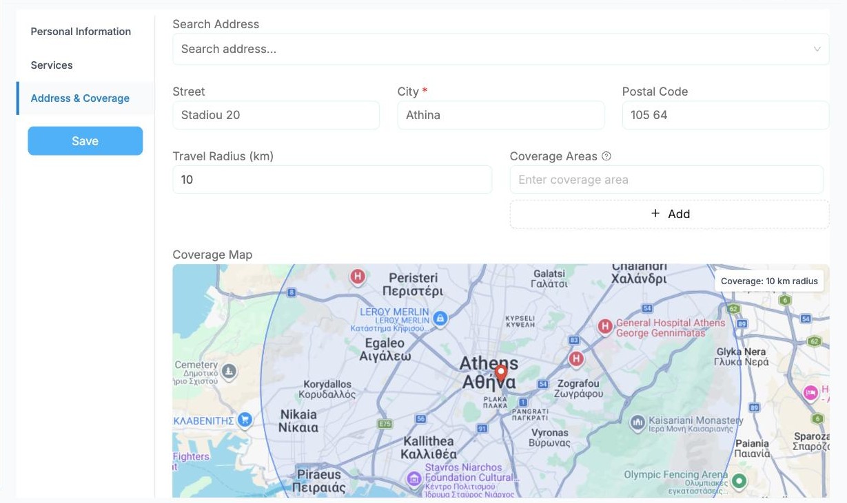 The caregiver's address and a 10 km coverage circle on the map