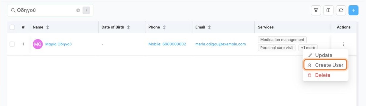 The Create User action in the caregiver's row menu