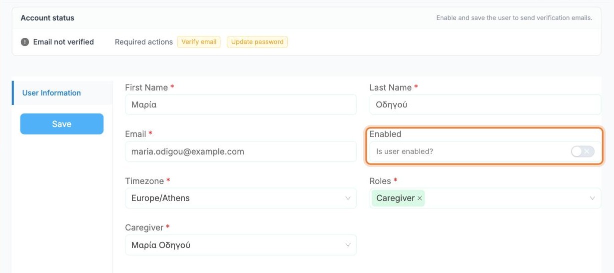 The new caregiver account with the Enabled switch highlighted