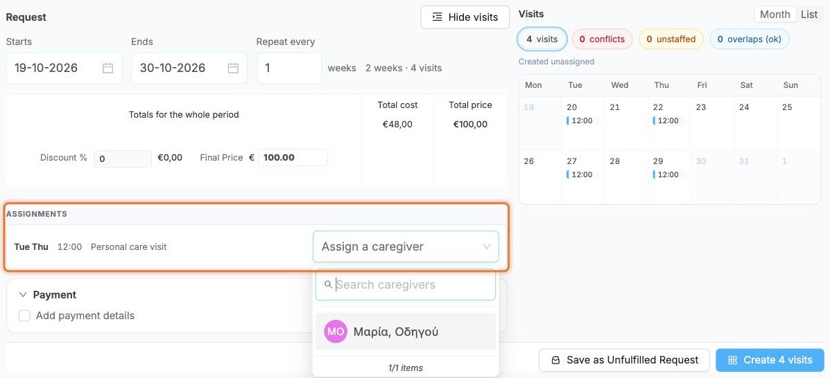 The Assignments list with a caregiver picker for each time slot