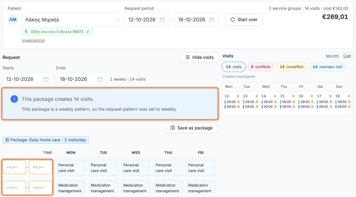 A repeating package filling the weekly grid