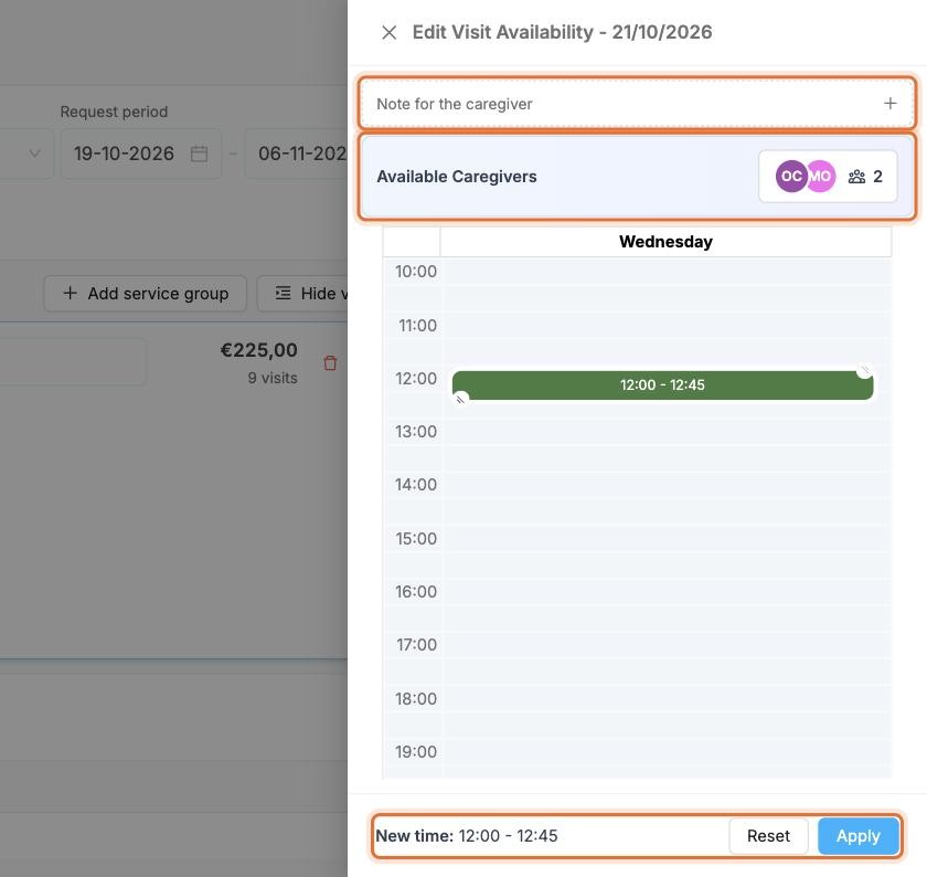 The Edit Visit Availability panel with a visit dragged to 12:00