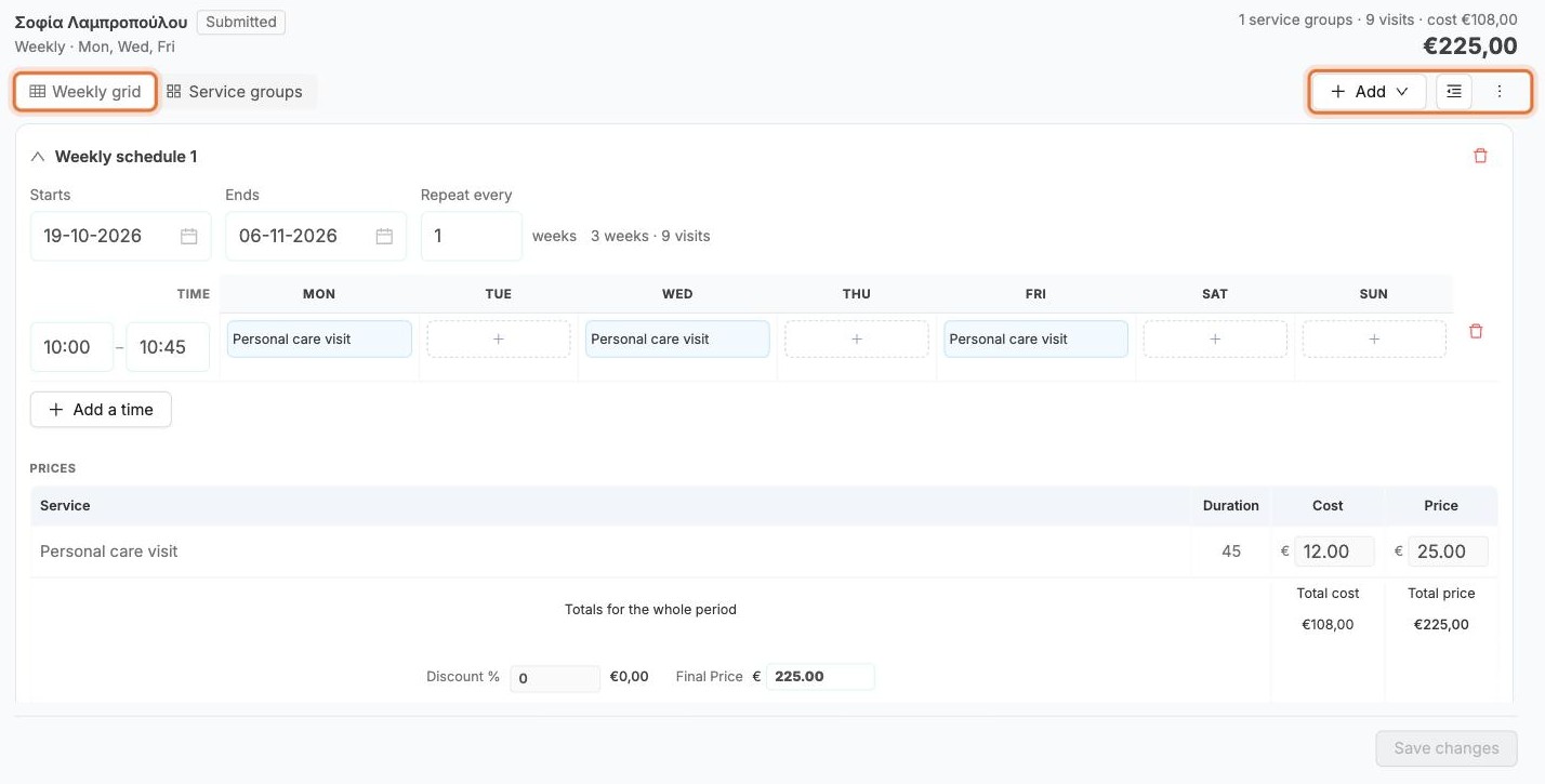 The Edit Request screen in the weekly grid view