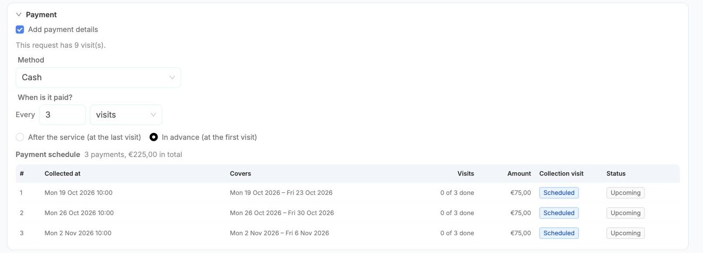 The Payment card with the stored payment schedule and a Status column