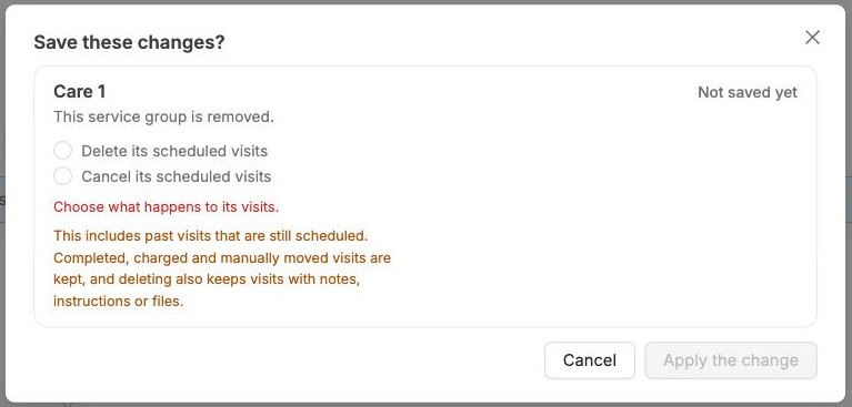 The save window asking what happens to the visits of a removed group