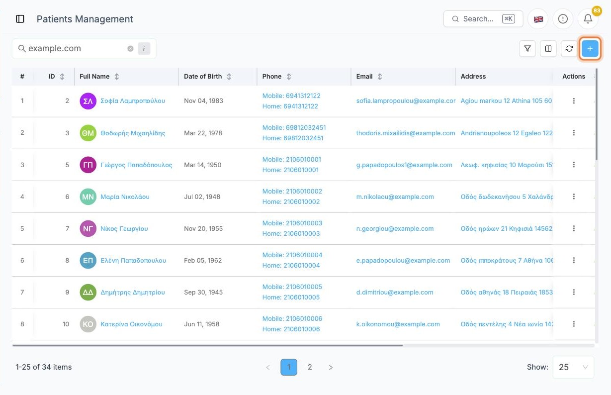 The patients list with the add button highlighted