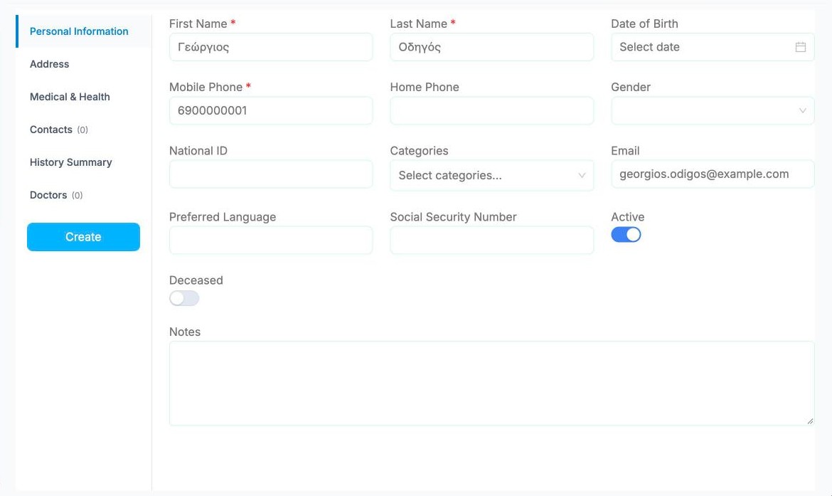 The Personal Information tab of Create Patient