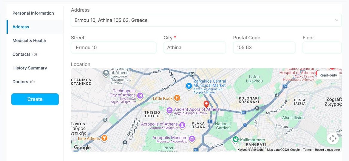 The address filled in with a pin on the map