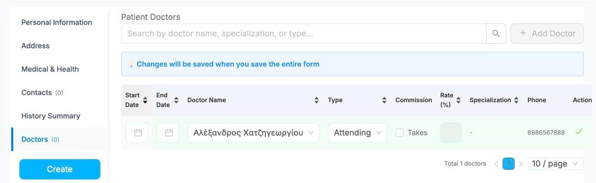 Adding a doctor on the Doctors tab