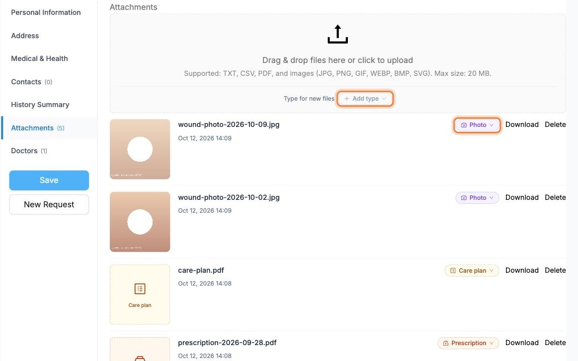 The Attachments tab with files of different types