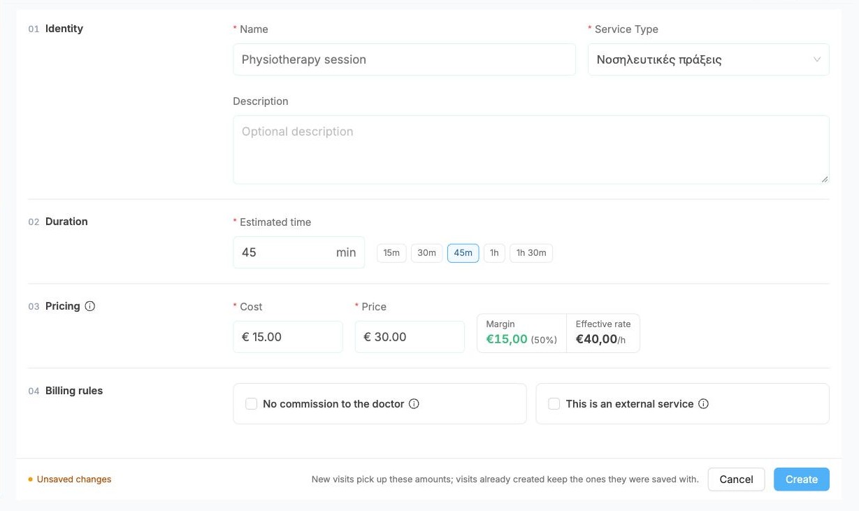 The Create Service form filled in