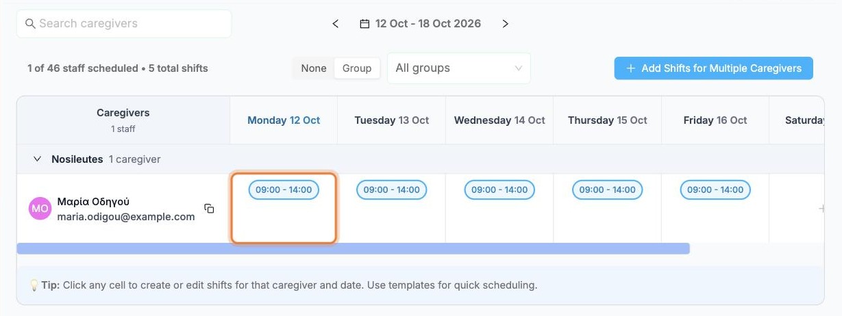 The shifts week with a day cell highlighted