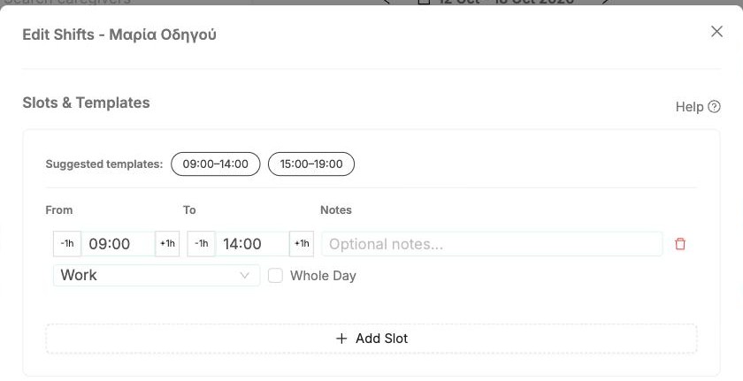 The Slots & Templates section of the shift editor
