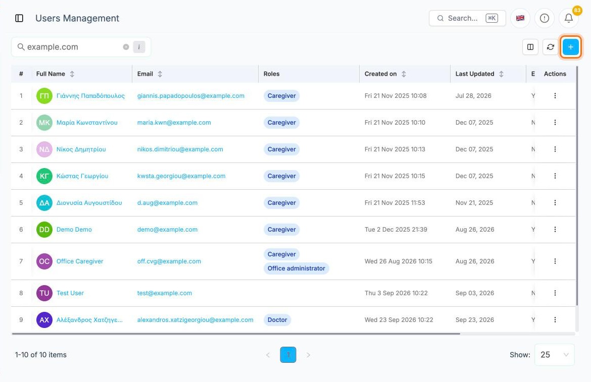 The users list with the add button highlighted
