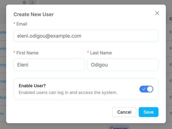 The Create New User window