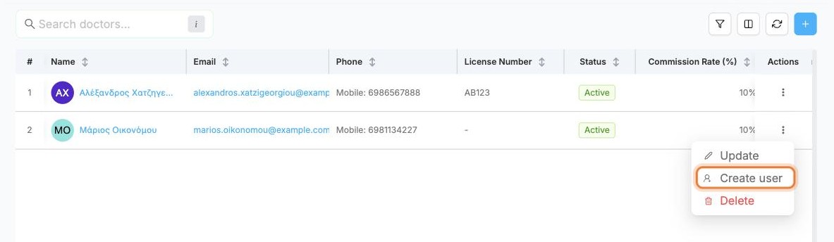 Create user in a doctor's row menu