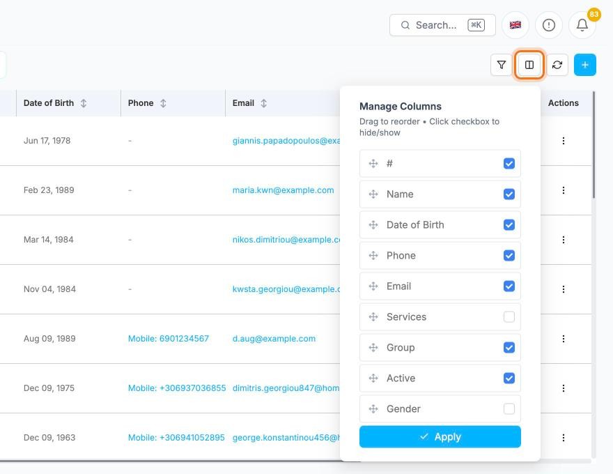 The Manage Columns panel