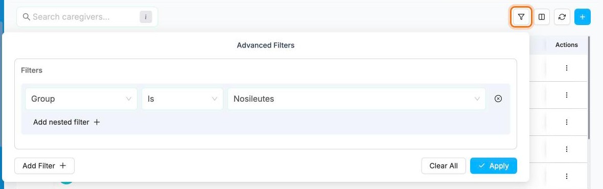 The Advanced Filters panel with a Group filter