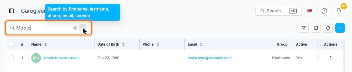Searching the caregiver list